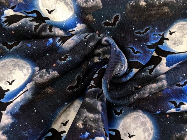 Baumwolljersey Hexe im Mondschein Besen Nachtblau